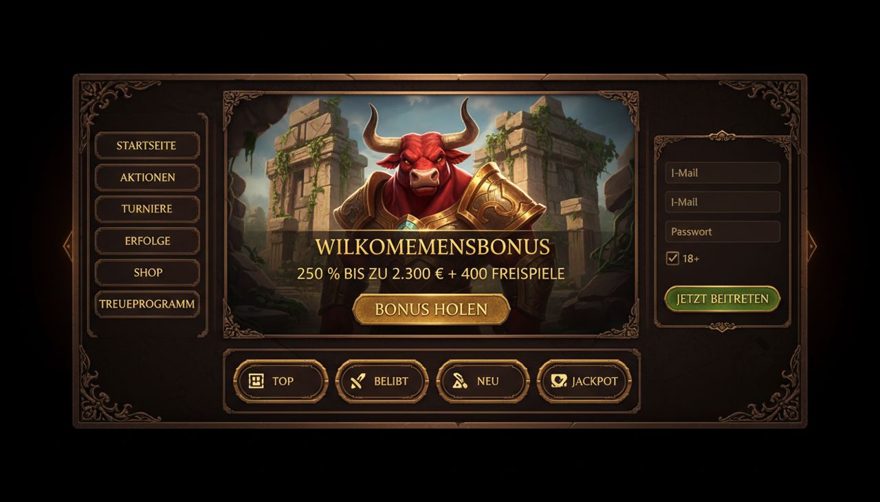 Startseite von Mino Casino mit Willkommensbonus, Spielkategorien und Anmeldebereich