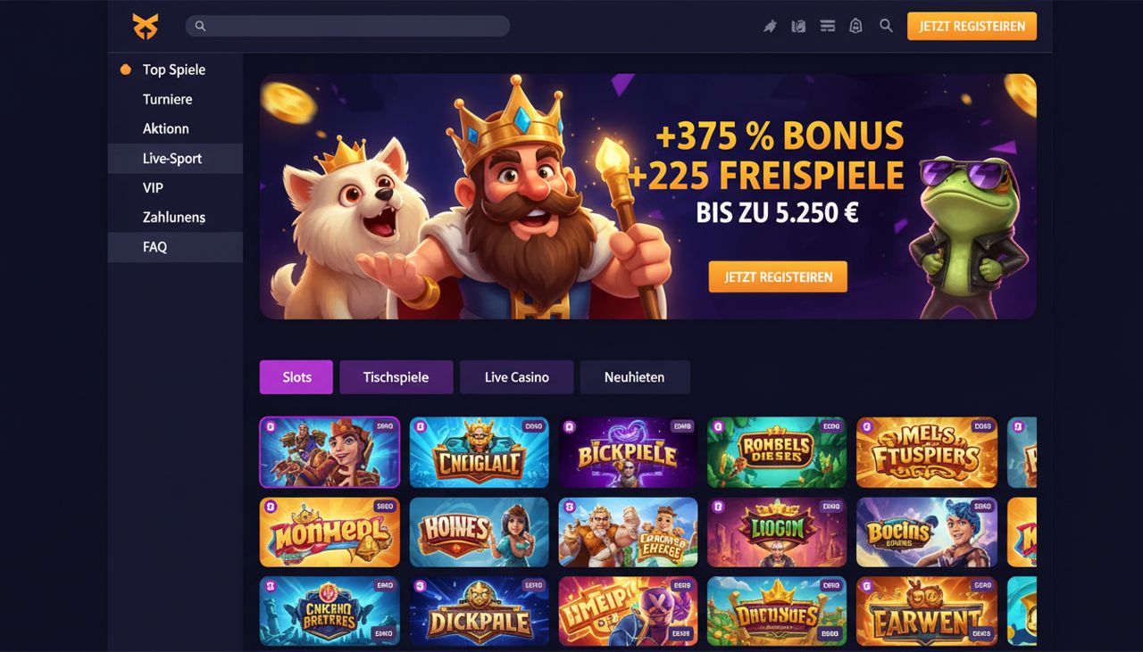 Startseite von Dazard mit Navigation, Bonusbanner und Spielübersicht
